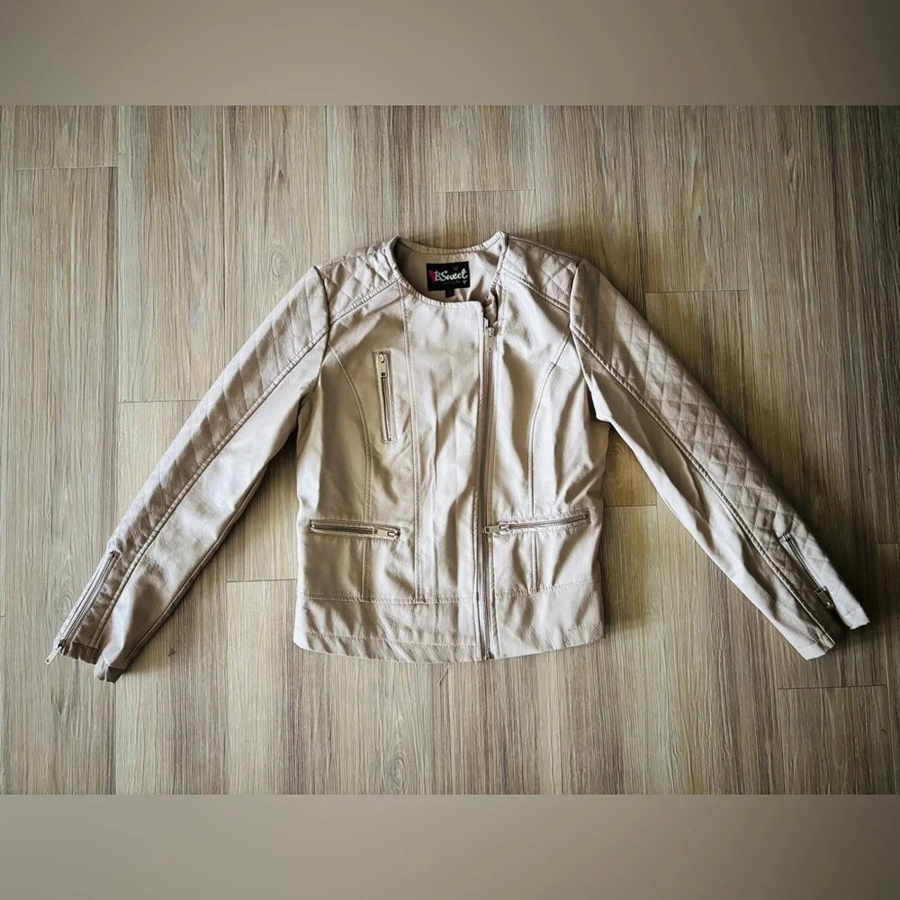 Y2K B Sweet Faux Leather Jacket Moto Beige Quilted Full Zip Womens L Rock N Roll - Picture 4 of 12